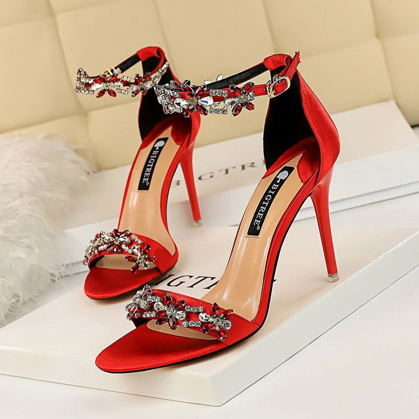 Women's Pumps; Sexy high - heeled shoes; formal women's shoes for banquet party; thin heel high - heeled shoes; satin open toe rhinestone one word sandals - 7DAY'S