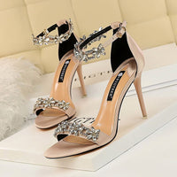 Women's Pumps; Sexy high - heeled shoes; formal women's shoes for banquet party; thin heel high - heeled shoes; satin open toe rhinestone one word sandals - 7DAY'S