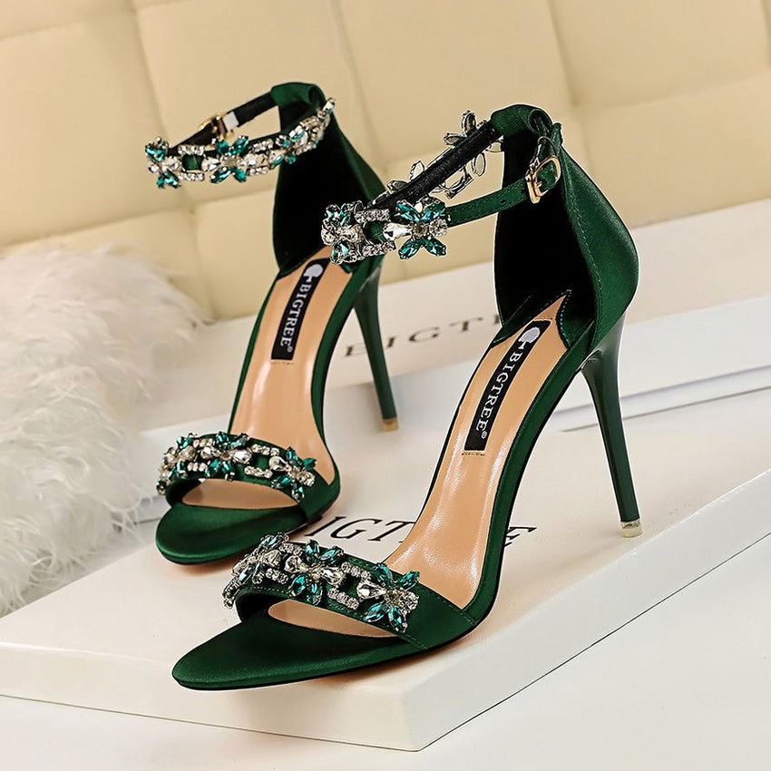 Women's Pumps; Sexy high - heeled shoes; formal women's shoes for banquet party; thin heel high - heeled shoes; satin open toe rhinestone one word sandals - 7DAY'S