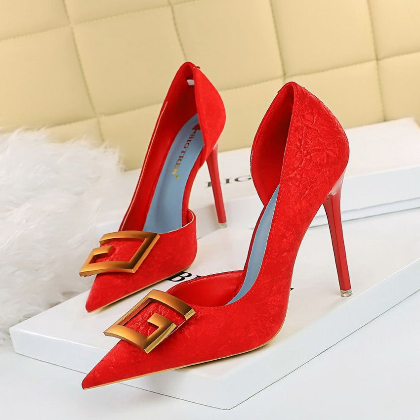 Women's Pumps; Sexy high heels; stiletto pointed hollow square metal buckle high heels; Fashional shoes - 7DAY'S