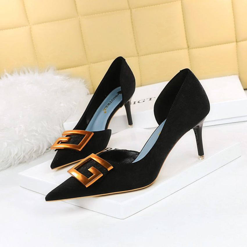 Women's Pumps; Sexy high heels; stiletto pointed hollow square metal buckle high heels; Fashional shoes - 7DAY'S