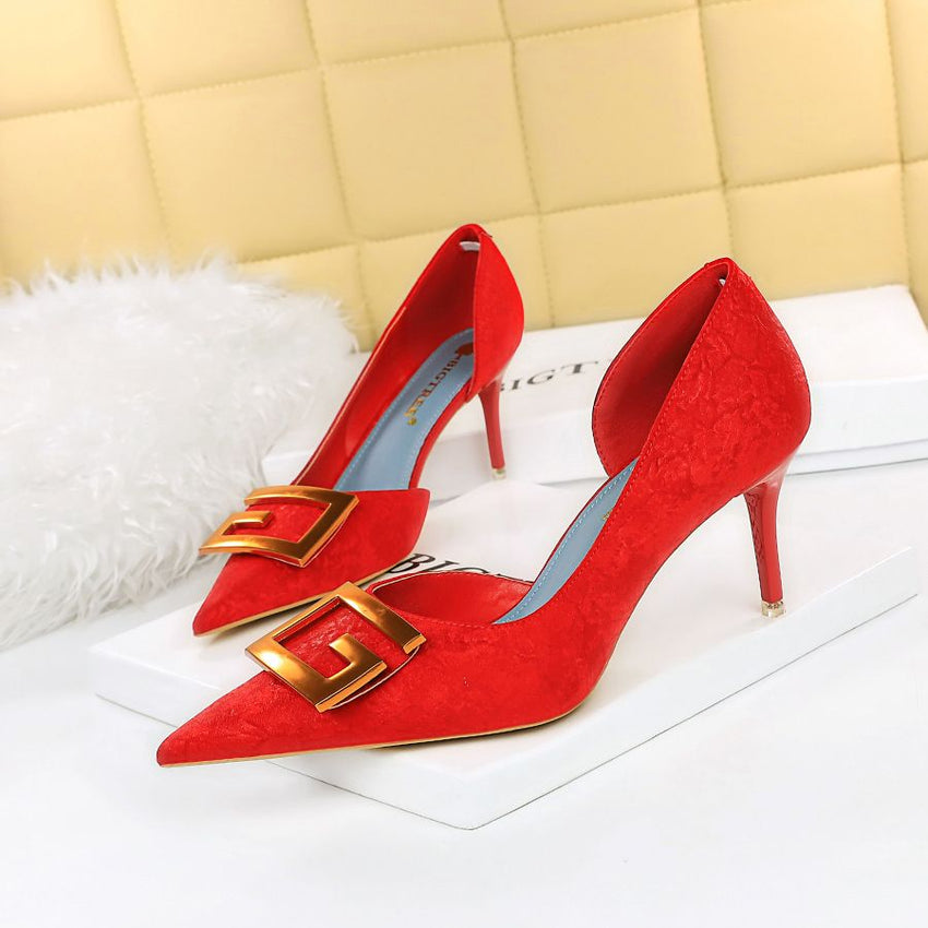 Women's Pumps; Sexy high heels; stiletto pointed hollow square metal buckle high heels; Fashional shoes - 7DAY'S