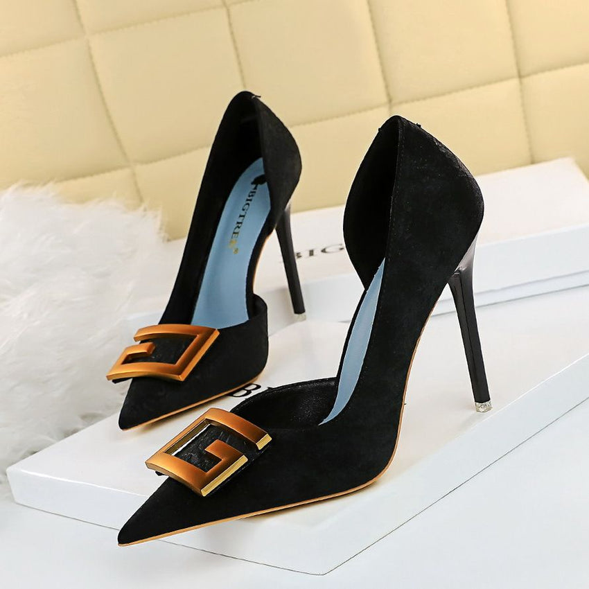 Women's Pumps; Sexy high heels; stiletto pointed hollow square metal buckle high heels; Fashional shoes - 7DAY'S