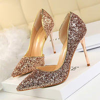 Women's Pumps; sexy women's high - heeled shoes; thin heel pointed leather shoes; hollow sides; sequins decoration - 7DAY'S