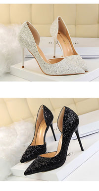 Women's Pumps; sexy women's high - heeled shoes; thin heel pointed leather shoes; hollow sides; sequins decoration - 7DAY'S