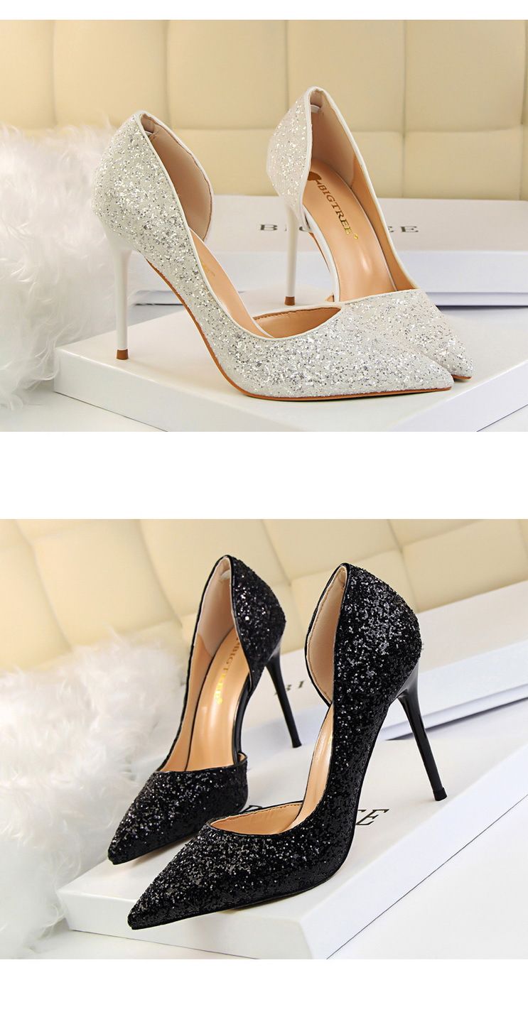 Women's Pumps; sexy women's high - heeled shoes; thin heel pointed leather shoes; hollow sides; sequins decoration - 7DAY'S