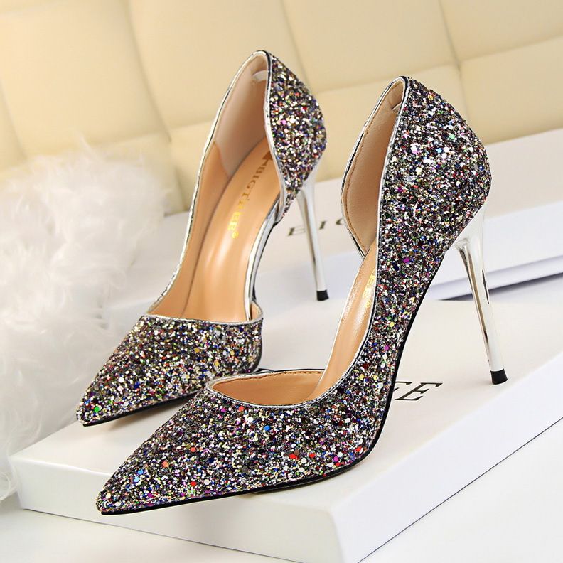 Women's Pumps; sexy women's high - heeled shoes; thin heel pointed leather shoes; hollow sides; sequins decoration - 7DAY'S