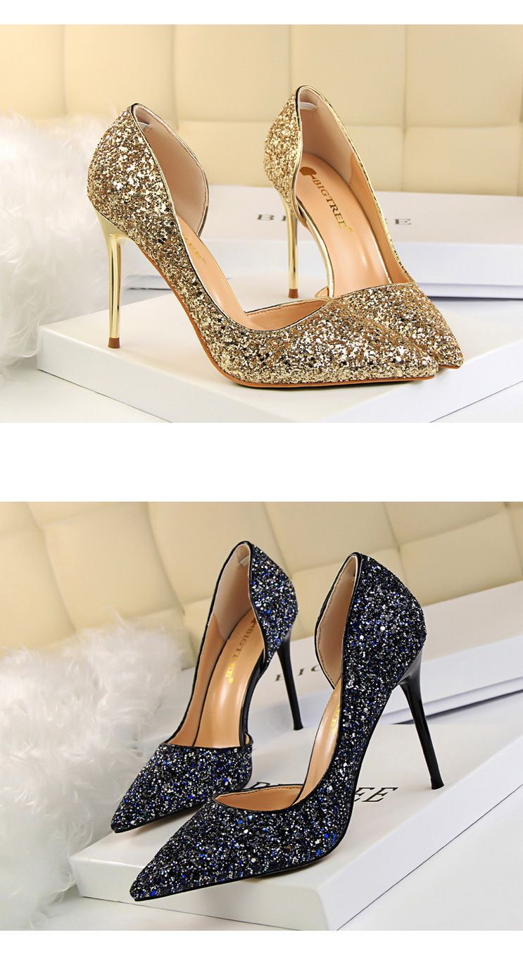 Women's Pumps; sexy women's high - heeled shoes; thin heel pointed leather shoes; hollow sides; sequins decoration - 7DAY'S