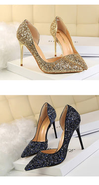 Women's Pumps; sexy women's high - heeled shoes; thin heel pointed leather shoes; hollow sides; sequins decoration - 7DAY'S