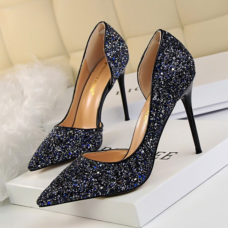 Women's Pumps; sexy women's high - heeled shoes; thin heel pointed leather shoes; hollow sides; sequins decoration - 7DAY'S