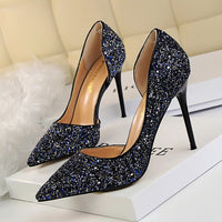 Women's Pumps; sexy women's high - heeled shoes; thin heel pointed leather shoes; hollow sides; sequins decoration - 7DAY'S