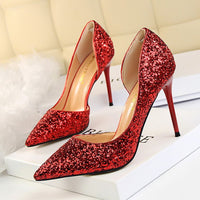 Women's Pumps; sexy women's high - heeled shoes; thin heel pointed leather shoes; hollow sides; sequins decoration - 7DAY'S