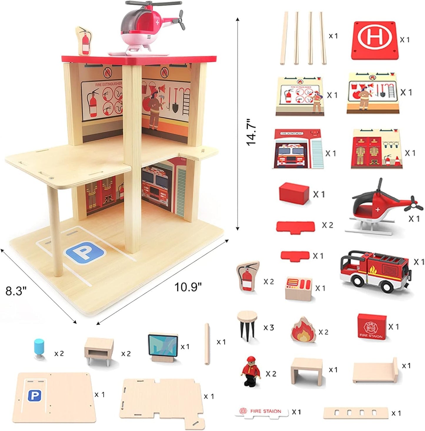 Wooden Fire Station Playset, Multicolor 3 - Level Pretend Play Dollhouse with Figures, Truck, Helicopter and Accessories, Preschool Learning Educational Toys for Toddlers Kids Age 3 and up - 7DAY'S