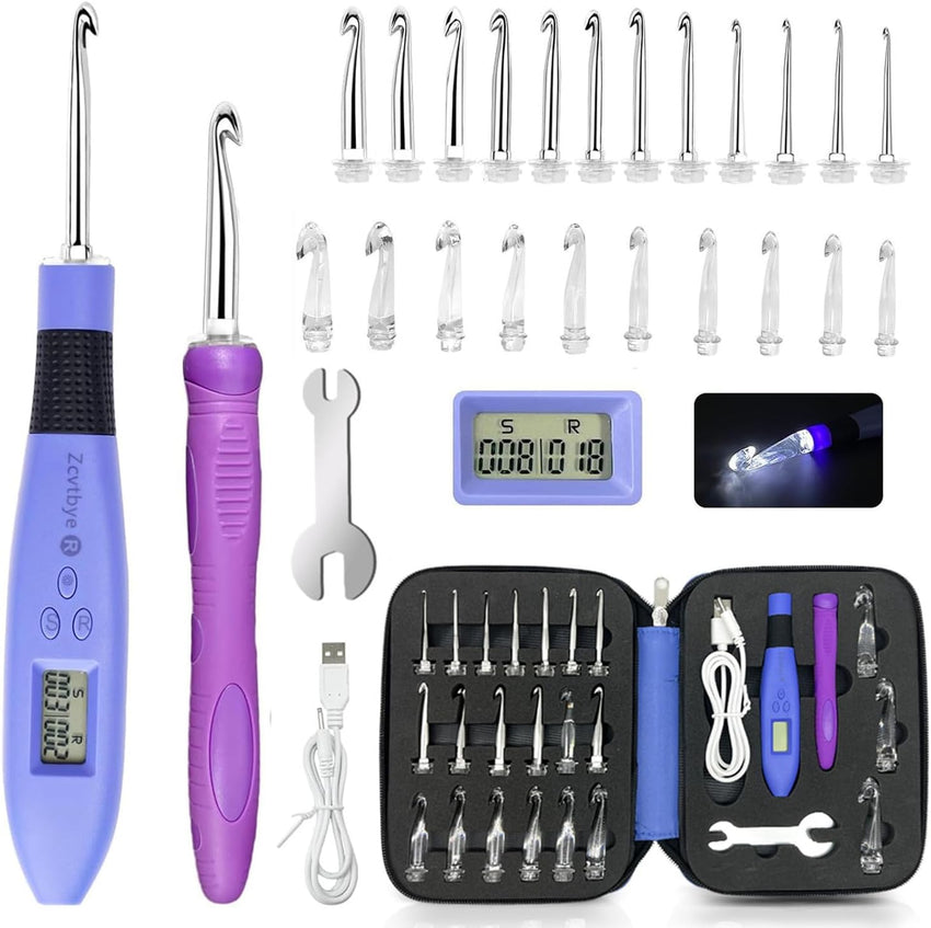 Zcvtbye 22 Size Lighted Crochet Hook Set, Counting Crochet Hook Set Digital for Stitch and Row Counter, Light up Crochet Hook Set with Case, Ergonomic Crochet Hooks with 2 Levels Led (Blue, 22 Size) - 7DAY'S