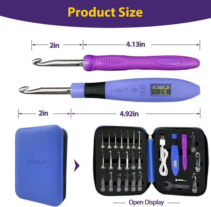 Zcvtbye 22 Size Lighted Crochet Hook Set, Counting Crochet Hook Set Digital for Stitch and Row Counter, Light up Crochet Hook Set with Case, Ergonomic Crochet Hooks with 2 Levels Led (Blue, 22 Size) - 7DAY'S