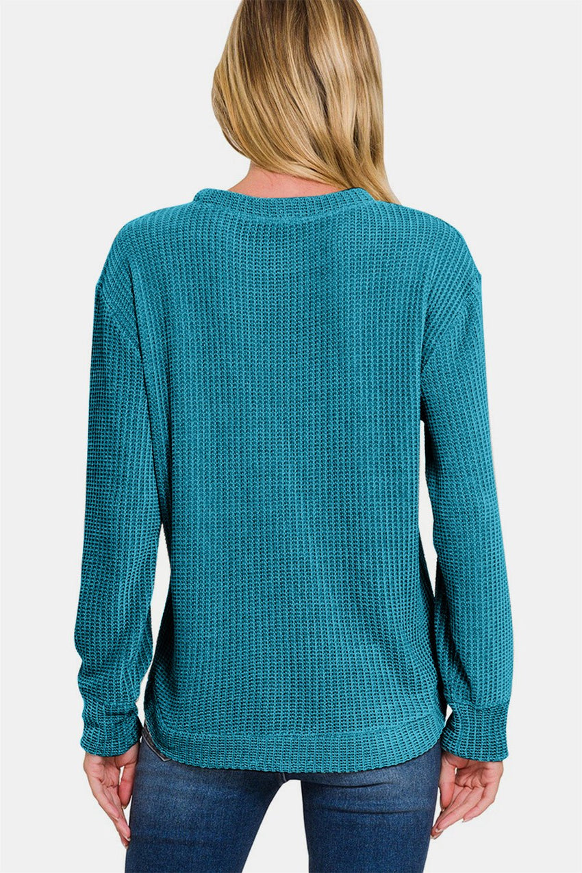 Zenana Chenille Waffle Round Neck Sweater - 7DAY'S