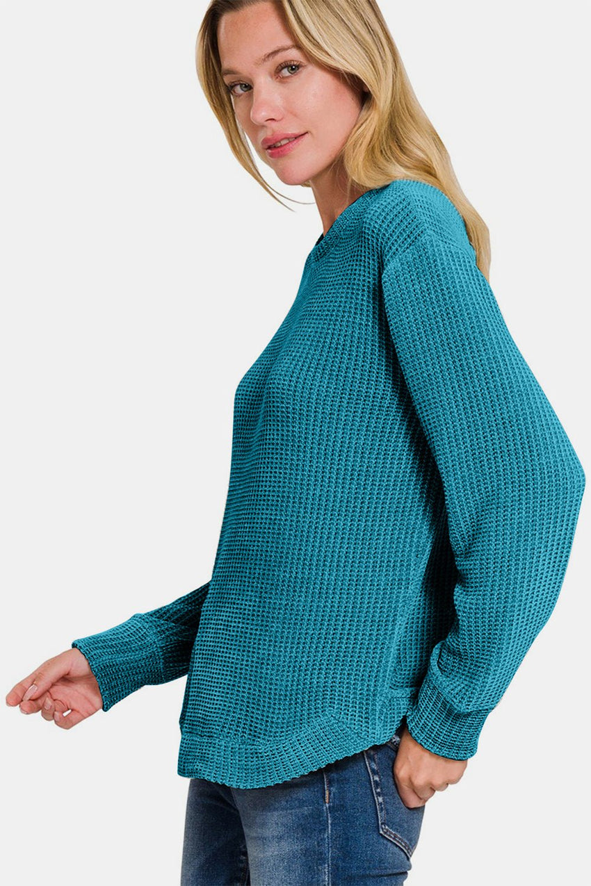 Zenana Chenille Waffle Round Neck Sweater - 7DAY'S