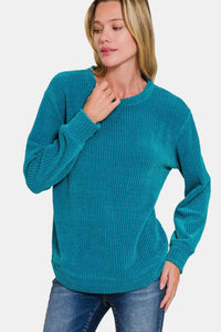 Zenana Chenille Waffle Round Neck Sweater - 7DAY'S
