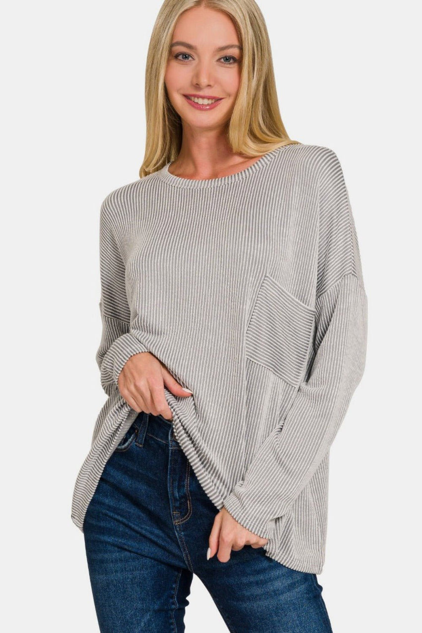 Zenana Ribbed Striped Long Sleeve T-Shirt - 7DAY'S