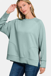 Zenana Scuba Round Neck Side Slit Sweatshirt - 7DAY'S