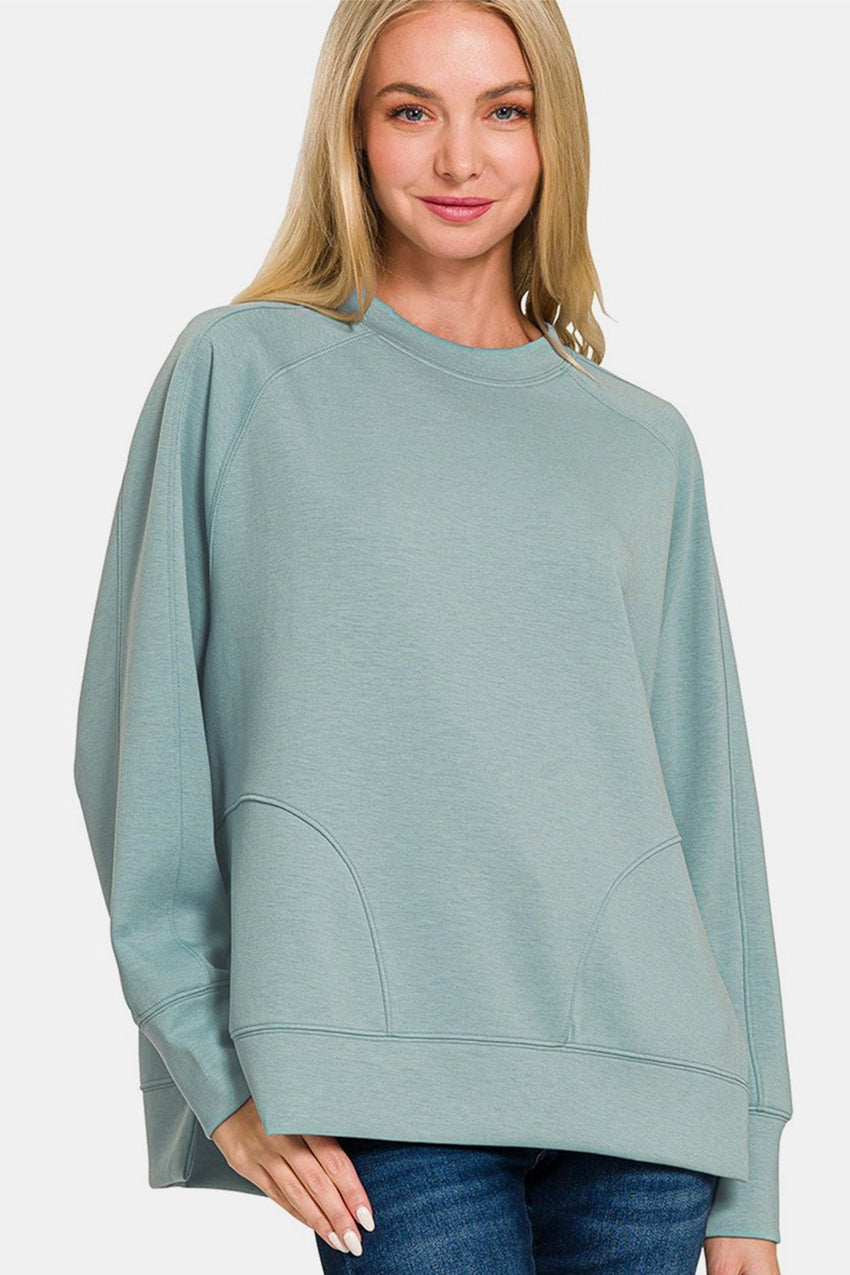 Zenana Scuba Round Neck Side Slit Sweatshirt - 7DAY'S