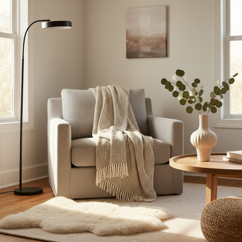 Sunlit living room with ceramic vase and dried eucalyptus on a wooden table.