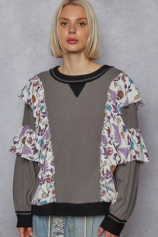 POL Round Neck Sweater with Floral Ruffle Detail