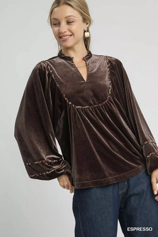 Umgee Velvet Long Sleeve Blouse with Contrast Trim