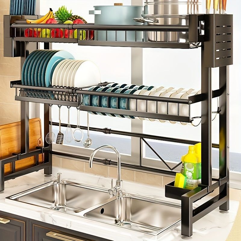 1 piece countertop dish storage drain rack retractable kitchen sink rack dish rack drain rack black kitchen storage rack - 7DAY'S