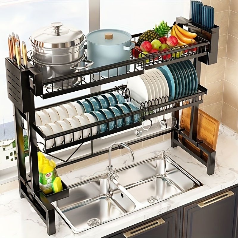 1 piece countertop dish storage drain rack retractable kitchen sink rack dish rack drain rack black kitchen storage rack - 7DAY'S