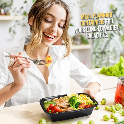 100 - Piece (50 - Pack) 24 OZ Meal Prep Containers Reusable with Lids, Sturdy Leakproof & Food Safe, Microwave, Freezer, Dishwasher Safe To Go Food Containers, Plastic Take Out Containers, Black - 7DAY'S