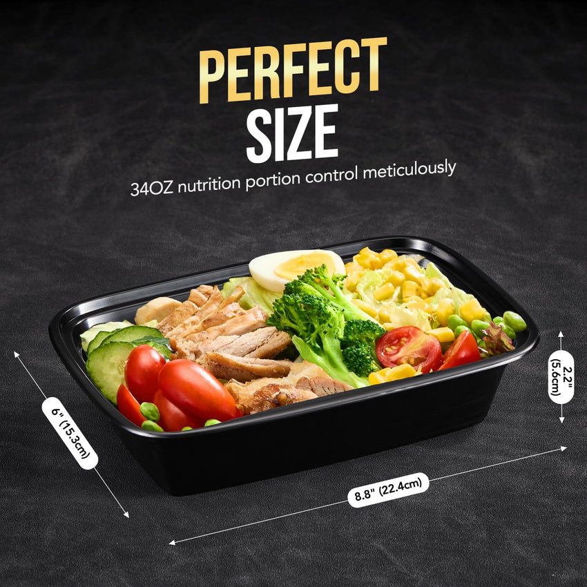 100 - Piece (50 - Pack) 24 OZ Meal Prep Containers Reusable with Lids, Sturdy Leakproof & Food Safe, Microwave, Freezer, Dishwasher Safe To Go Food Containers, Plastic Take Out Containers, Black - 7DAY'S
