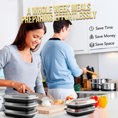 100 - Piece (50 - Pack) 24 OZ Meal Prep Containers Reusable with Lids, Sturdy Leakproof & Food Safe, Microwave, Freezer, Dishwasher Safe To Go Food Containers, Plastic Take Out Containers, Black - 7DAY'S