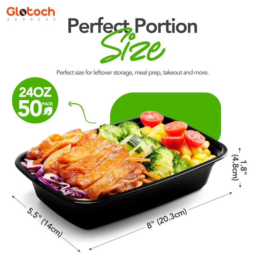 100 - Piece (50 - Pack) 24 OZ Meal Prep Containers Reusable with Lids, Sturdy Leakproof & Food Safe, Microwave, Freezer, Dishwasher Safe To Go Food Containers, Plastic Take Out Containers, Black - 7DAY'S