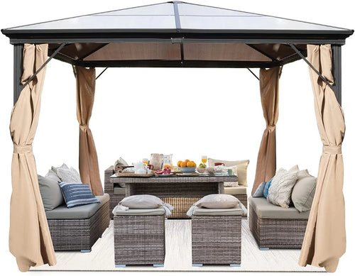 خيمة خارجية بسقف صلب مقاس 10×10 أقدام، إطار من الألومنيوم، خيمة حديقة بسقف صلب من البولي كربونات مع ستائر وشبكة ناموسية