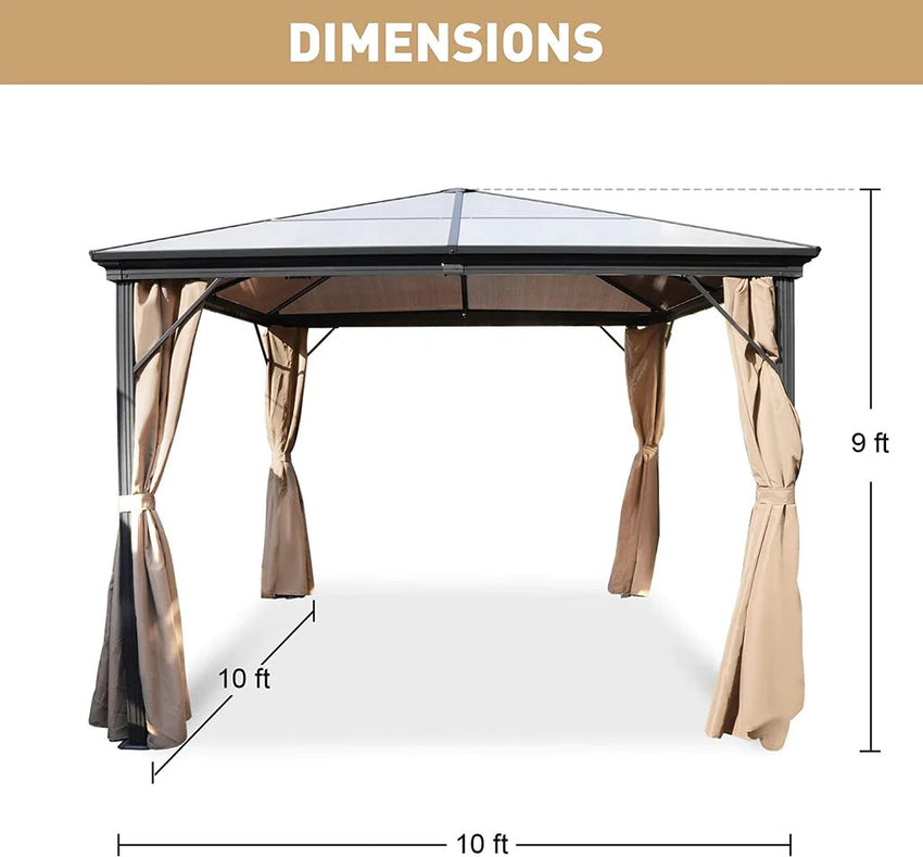 10x10 FT Hardtop Outdoor Gazebo, Aluminum Frame Polycarbonate Hardtop Garden Tent with Curtains & Mosquito Netting - 7DAY'S