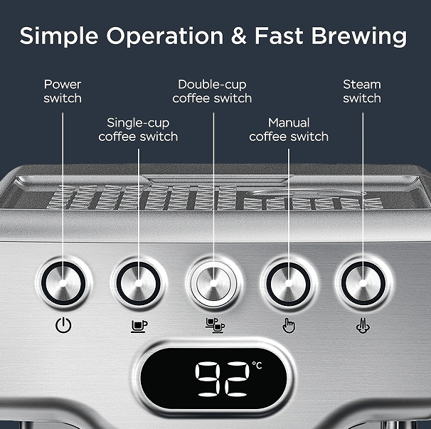 1350W Semi - automatic coffee machine 19Bar (ULKA) high pressure pump extraction 1 cup / 2 cup espresso machine 1.8L water tank capsule - 7DAY'S