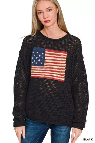 Zenana American Flag Crew Neck Sweater