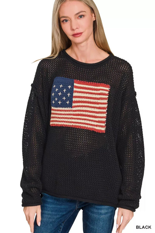 Zenana American Flag Crew Neck Sweater