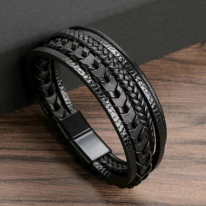 1pc Fashion Accessories MEN'S Multi - layered Vintage Leather Rope Braided Bracelet Alloy Magnetic Buckle Bracelet - 7DAY'S