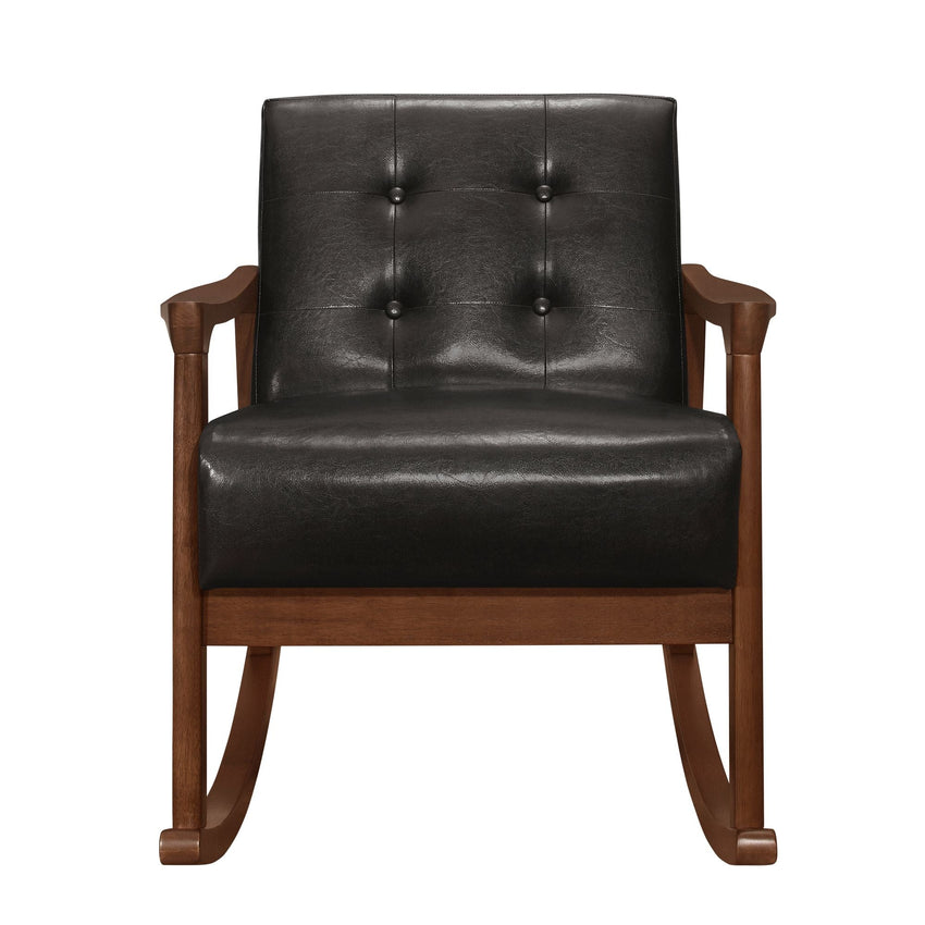 1pc Rocking Chair Dark Brown Faux Leather Upholstery Button Tufted Solid Wood Furniture - 7DAY'S