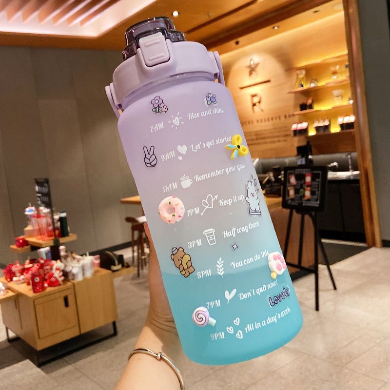 2 Liter Water Bottle With Straw Motivational Water Jug Plastic Frosted Bottles With Time Marker Outdoor Sports Water Bottles Cup - 7DAY'S