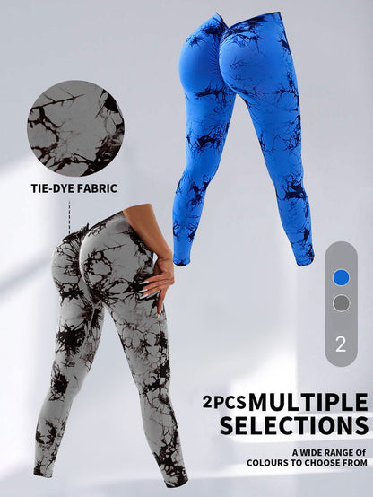 2 Pack Tie - Dye High Waist V - Back Yoga Leggings, Peach - Hip Enhancing Athleisure Tights, Sport Style Fitness Pants - 7DAY'S
