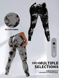 2 Pack Tie - Dye High Waist V - Back Yoga Leggings, Peach - Hip Enhancing Athleisure Tights, Sport Style Fitness Pants - 7DAY'S