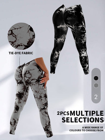 2 Pack Tie - Dye High Waist V - Back Yoga Leggings, Peach - Hip Enhancing Athleisure Tights, Sport Style Fitness Pants - 7DAY'S