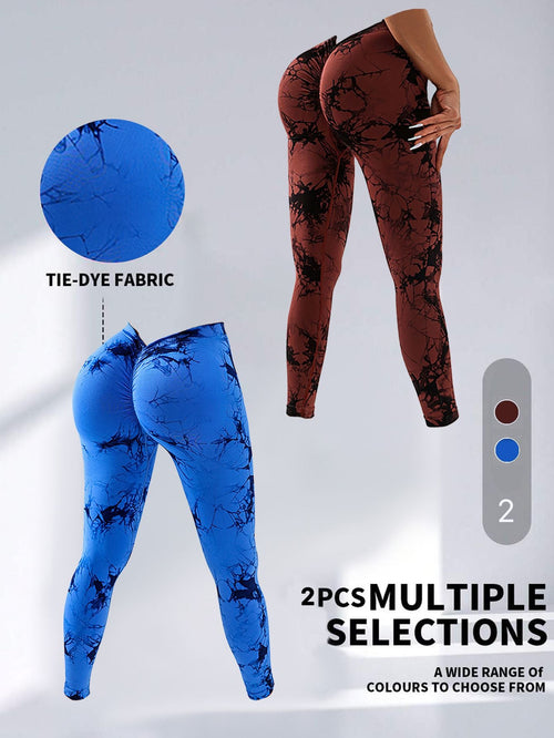 2 Pack Tie - Dye High Waist V - Back Yoga Leggings, Peach - Hip Enhancing Athleisure Tights, Sport Style Fitness Pants - 7DAY'S