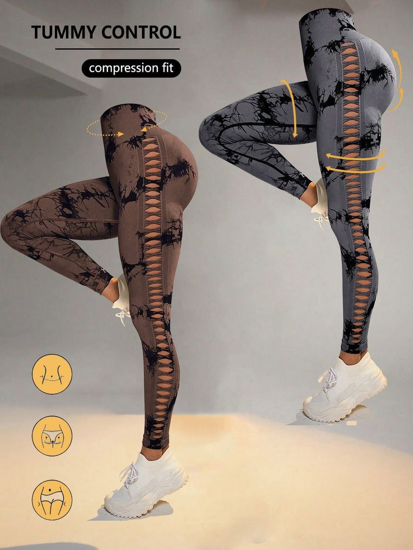 2 Pack Tie - dye Hollow High - waist Butt - lifting Women's Fitness Pants, Women's Tie Dye Cutout Tights Workout Yoga Leggings - 7DAY'S