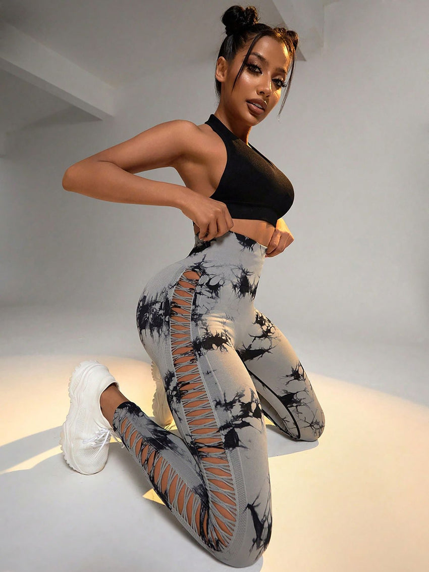 2 Pack Tie - dye Hollow High - waist Butt - lifting Women's Fitness Pants, Women's Tie Dye Cutout Tights Workout Yoga Leggings - 7DAY'S