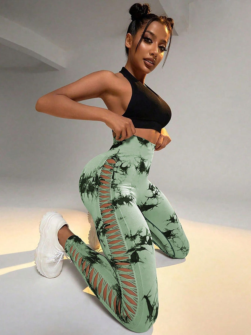 2 Pack Tie - dye Hollow High - waist Butt - lifting Women's Fitness Pants, Women's Tie Dye Cutout Tights Workout Yoga Leggings - 7DAY'S