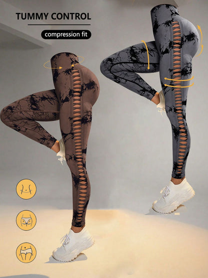 2 Pack Tie - dye Hollow High - waist Butt - lifting Women's Fitness Pants, Women's Tie Dye Cutout Tights Workout Yoga Leggings - 7DAY'S